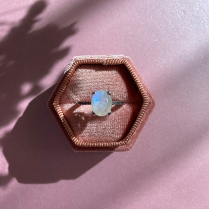 Moonstone Ring with CZ Pave Setting, 925 Sterling Silver sitting in a velvet ring box