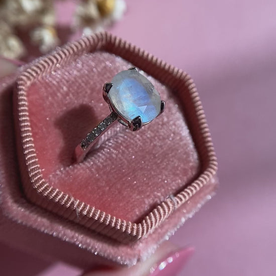 Moonstone Ring in a pink velvet ring box