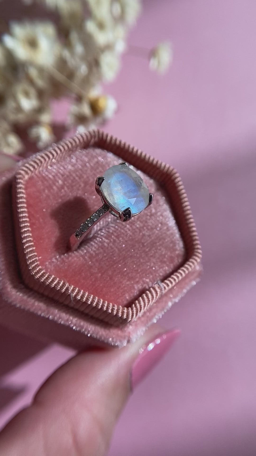 Moonstone Ring in a pink velvet ring box