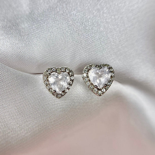 EIGHTMOON Love Heart Rose Quartz & White Topaz Stud Earrings, 925 Sterling Silver Rhodium Plated